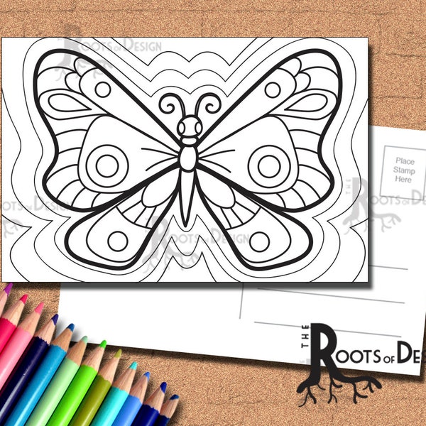 INSTANT DOWNLOAD Coloring Postcard Page - Cute Butterfly Color your own fun Postcards, doodle art, printable, Coloring Postcards