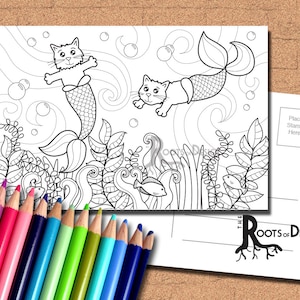INSTANT DOWNLOAD Coloring Postcard Page - Fun Purr-maid Color your own fun Postcards, doodle art, printable, Coloring Postcards