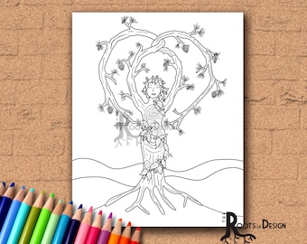 INSTANT DOWNLOAD Coloring Page - Holly Tree Lady Coloring Print, doodle art, Tree of Life printable