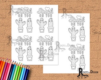 Instant Download- Cute Cactus Valentine Card for Coloring, Great for the classroom - Color Your Own Printable Card 2