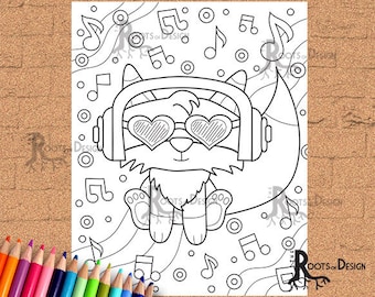 INSTANT DOWNLOAD Coloring Page - Music Fox Print, doodle art, printable