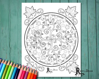 May include: Black and white coloring page featuring a circular mandala design with a tree in the center. The tree has branches with leaves and acorns. The mandala is surrounded by a border of leaves and acorns.