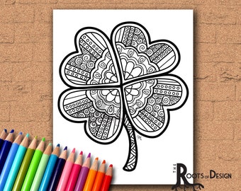 INSTANT DOWNLOAD Coloring Page - Four Leaf Clover/ Shamrock Print zentangle inspired, doodle art, printable