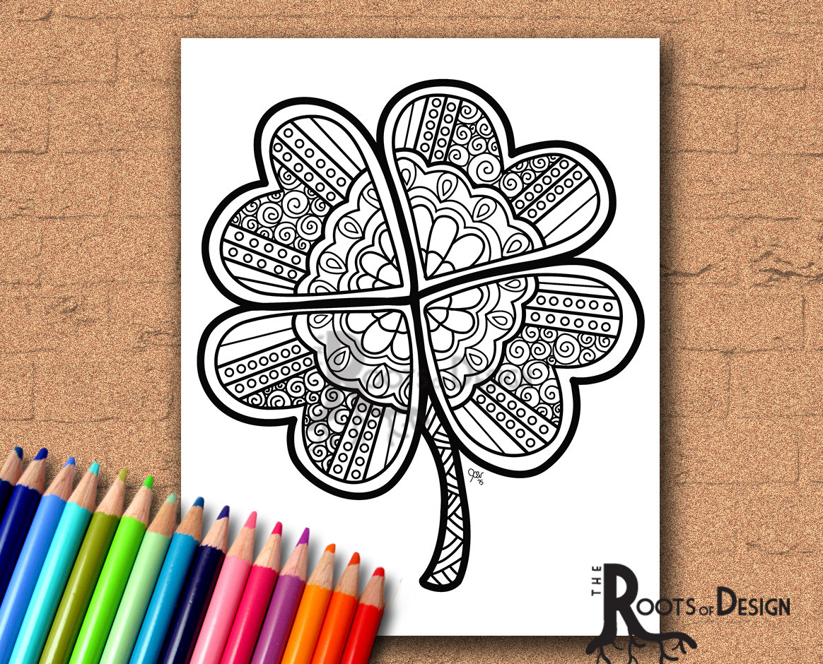 INSTANT DOWNLOAD Coloring Page Four Leaf Clover Shamrock Etsy