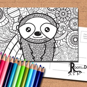 INSTANT DOWNLOAD Coloring Postcard Page - Sloth Zendoodle Color your own fun Postcards, doodle art, printable, Coloring Postcards