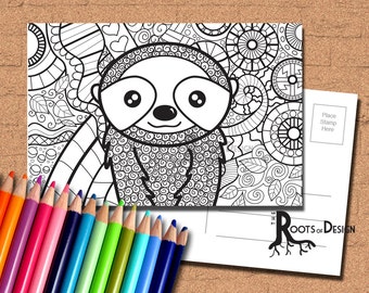 INSTANT DOWNLOAD Coloring Postcard Page - Sloth Zendoodle Color your own fun Postcards, doodle art, printable, Coloring Postcards