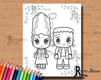 DOWNLOAD INSTANTÂNEO Halloween Frankenstein e Noiva para colorir Impressão de página para colorir, arte de doodle, para impressão