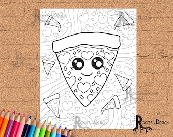INSTANT DOWNLOAD Coloring Cute Pizza with Heart Pepperoni Coloring Page/ Print, doodle art, printable