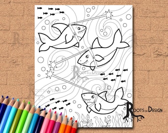 INSTANT DOWNLOAD Coloring Page -  Sharks with laser beams, doodle art, printable