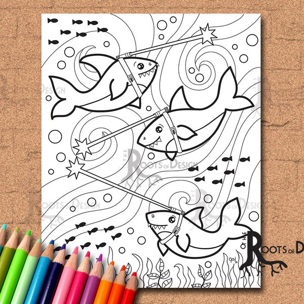 INSTANT DOWNLOAD Coloring Page -  Sharks with laser beams, doodle art, printable