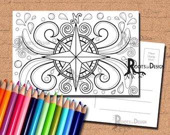 INSTANT DOWNLOAD Coloring Postcard Page - Compass Color your own fun Postcards, doodle art, printable, Coloring Postcards