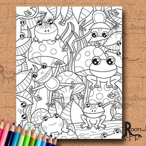 INSTANT DOWNLOAD COlORING PAGE Frogs and Mushrooms Page Print, doodle art, printable image 1