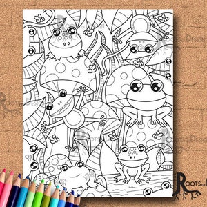 INSTANT DOWNLOAD COlORING PAGE- Frogs and Mushrooms Page Print, doodle art, printable