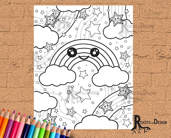 INSTANT DOWNLOAD Coloring Page Rainbow Print doodle art