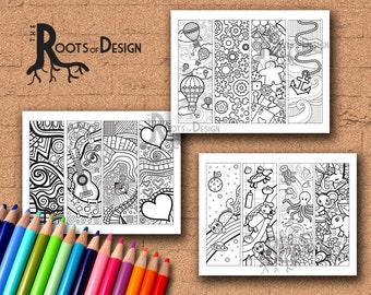 INSTANT DOWNLOAD Coloring Page - Color your own fun bookmarks bundle pack, doodle art, printable, Coloring bookmarks,