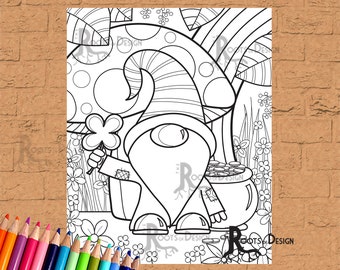 INSTANT DOWNLOAD Coloring Page - St. Patrick's Day Gnome Print, doodle art, printable