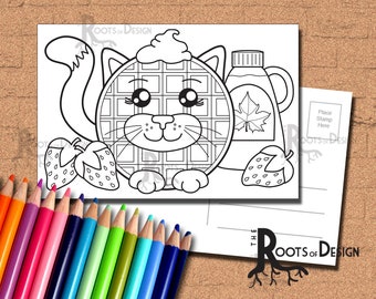 INSTANT DOWNLOAD Coloring Postcard Page - Cute Waffle Cat Color your own fun Postcards, doodle art, printable, Coloring Postcards