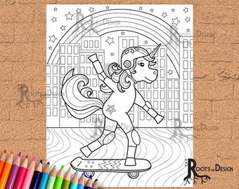 INSTANT DOWNLOAD Coloring Page - Skateboarding Unicorn Print, doodle art, printable