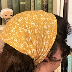 Large Mustard Yellow Flowered 100% Cotton Headcovering Headscarf with Ties cottagecore -- No-Slip Clip Option Available