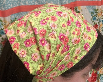 Cheery Flowered 100% Cotton Headcovering Headscarf with Ties cottagecore -- No-Slip Clip Option Available