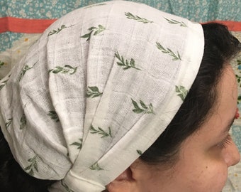 Large White and Green 100% Cotton Headcovering Headscarf with Ties cottagecore -- No-Slip Clip Option Available