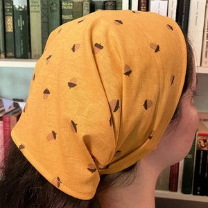 Acorns on Mustard Yellow 100% Cotton Headcovering Headscarf with Ties cottagecore -- No-Slip Clip Option Available
