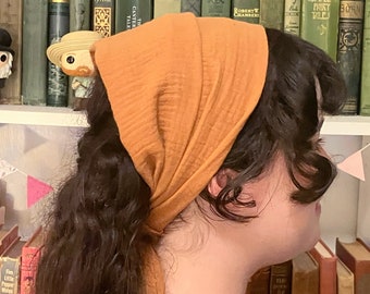 Large Caramel Cinnamon Brown 100% Cotton Head Covering Headscarf with Ties cottagecore -- No-Slip Clip Comb Option  -- super soft