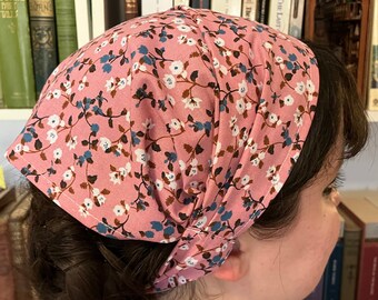 Pink Flowered 100% Cotton Headcovering Headscarf with Ties cottagecore -- No-Slip Clip Option Available