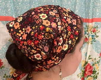 Large Flower Garden 100% Cotton Headcovering Headscarf with Ties cottagecore -- No-Slip Clip Option Available