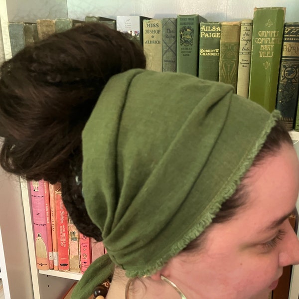 Emerald Green 100% Linen Headcovering with FringeHeadscarf with Ties cottagecore No-Slip Clip Option Available