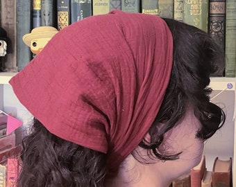 Large Burgundy Wine 100% Cotton Headcovering Headscarf with Ties cottagecore -- No-Slip Clip Comb Option Available -- super soft