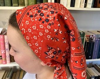 Large 100% Cotton Vintage Red Flowered Bandana Scarf Head Covering Headwrap cottagecore