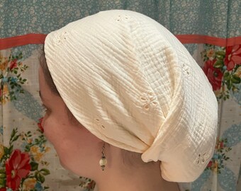 100% Cotton Cream Eyelet Flower Scarf Head Covering Headwrap cottagecore