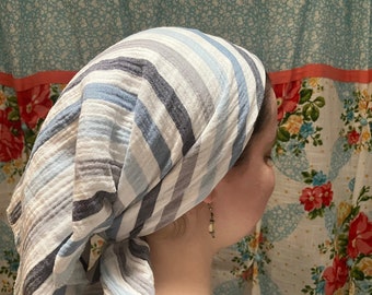 100% Cotton Beachy Blue Striped Scarf Head Covering Headwrap cottagecore