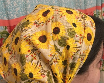 Berries & Sunflowers 100% Cotton Headcovering Headscarf with Ties cottagecore -- No-Slip Clip Option Available