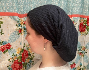 Dark Blue Soft and Stretchy Pointelle Knit Scarf Head Covering Headwrap cottagecore