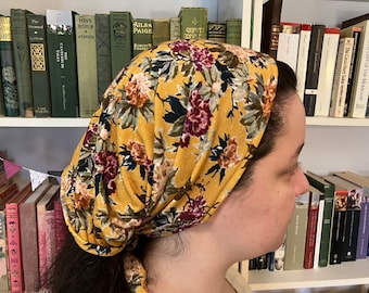 Stretchy Mustard Yellow Flowered Romantic Headcovering Headscarf with Ties cottagecore Shabby Chic -- No-Slip Clip Option Available