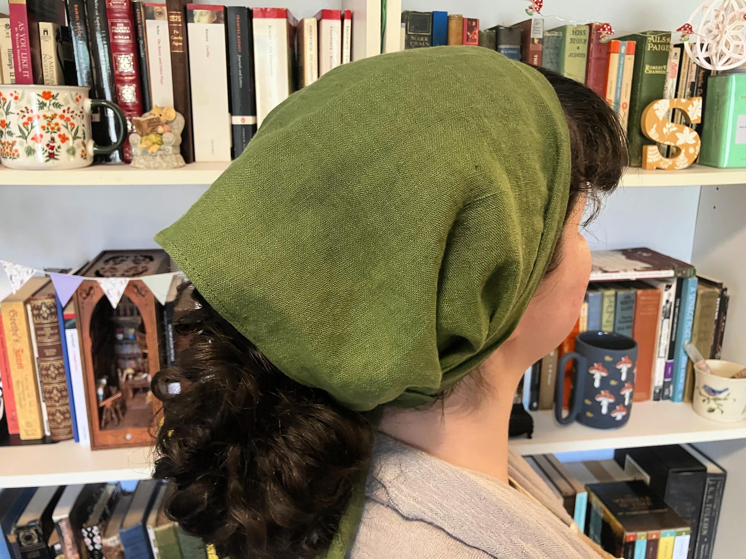 Large Emerald Green 100% Linen Head Covering Head Scarf with Ties cottagecore No-Slip Clip Comb Option