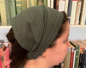 Forest Green 100% Linen Headcovering Headscarf with Ties cottagecore No-Slip Clip Option Available