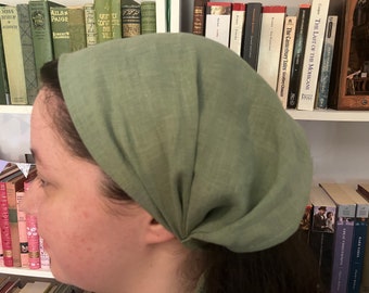 Sage Green 100% Linen Headcovering Headscarf with Ties cottagecore No-Slip Clip Option Available