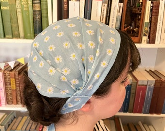 Large Blue Daisies 100% Cotton Headcovering Headscarf with Ties cottagecore -- No-Slip Clip Option Available