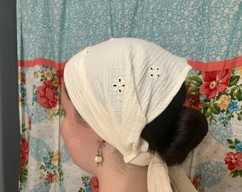 Large Cream Eyelet Flower Headcovering Headscarf with Ties cottagecore