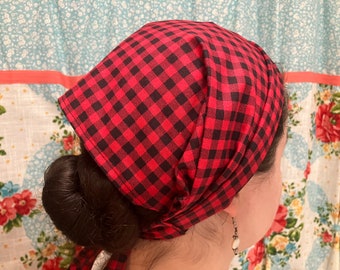 Red and Black Checkered 100% Cotton Headcovering Headscarf with Ties cottagecore -- No-Slip Clip Option Available