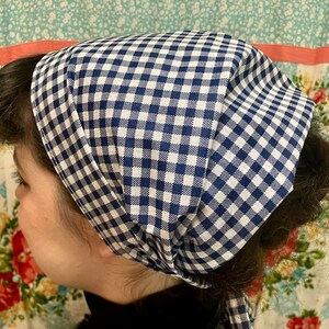 Large Blue Gingham Checkered 100% Cotton Headcovering Headscarf with Ties cottagecore -- No-Slip Clip Option Available