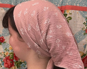 100% Cotton Dusty Rose Flowered Scarf Large Head Covering Headwrap cottagecore