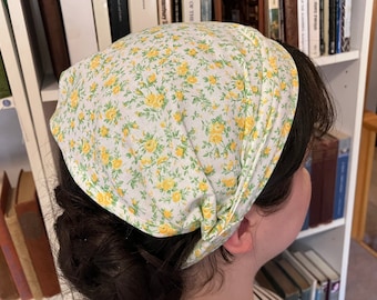 Yellow Roses 100% Cotton Headcovering Headscarf with Ties cottagecore -- No-Slip Clip Option Available