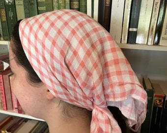 100% Cotton Pink and White Gingham Checkered Scarf Head Covering Headwrap cottagecore