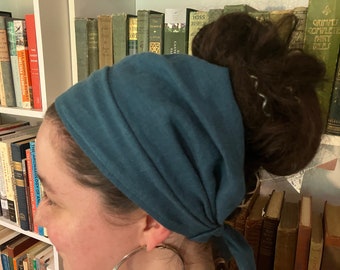 Large Midnight Teal 100% Linen Head Covering Head Scarf with Ties cottagecore No-Slip Clip Comb Option