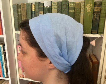 Light Blue 100% Linen Headcovering Headscarf with Ties cottagecore No-Slip Clip Option Available