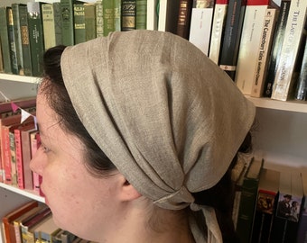 Natural Beige 100% Linen Headcovering Headscarf with Ties cottagecore No-Slip Clip Option Available